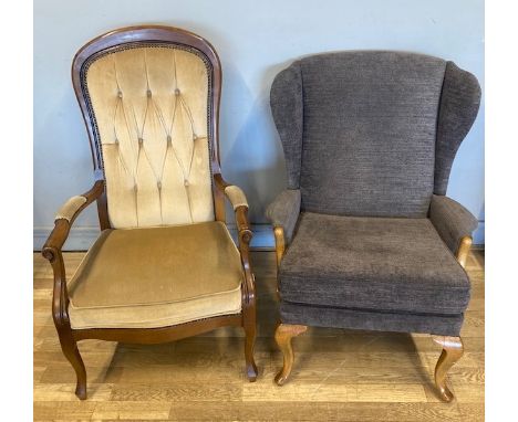 A Louis XV style bergere armchair, the button upholstered shaped back with padded outswept armrests and serpentine fronted cu