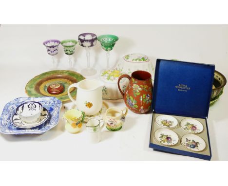 A collection of ceramics and glassware, to include four Bohemian cut glass wine glasses, with coloured bowls, raised on facet