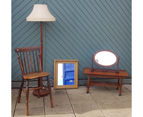 A Victorian plate glass gilt framed wall mirror, 62x51cm, together with an oak swivel dressing table mirror, a standard lamp,