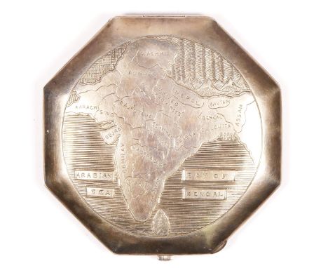 A Sterling Silver octagonal compact, with engraved map of India, 7.5cm, 91 gm including mirror 