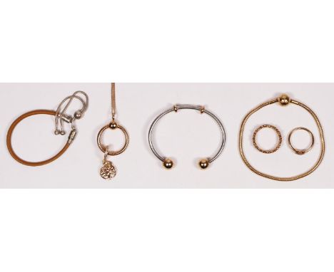 Pandora, a rose gilt silver bracelet, pendant, two rings, a silver and rose gilt bangle and a silver and leather bracelet, 47