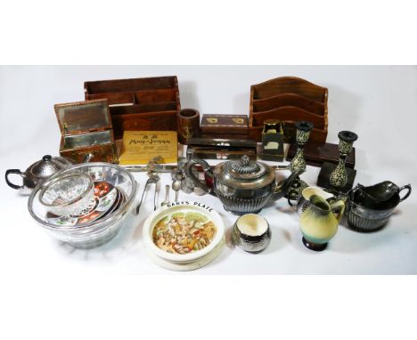 A collection of assorted plateware, glassware and collectables, to include a three piece coffee service, a brass &amp; copper