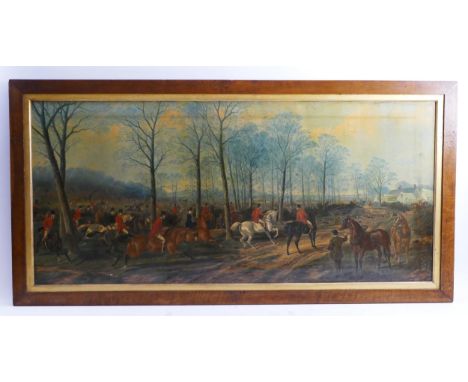 A pair of hand touched prints on canvas depicting hunting scenes, heavy varnish finish, oak frames, 48 x 107cm. 