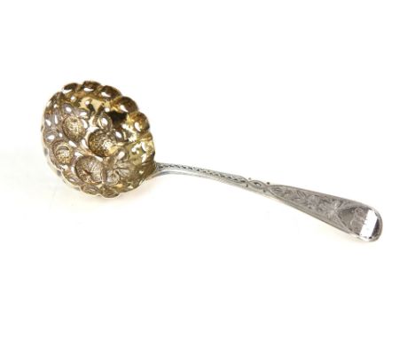 19th Century silver sifter ladle with gilt fruit design bowl, London 1825.     