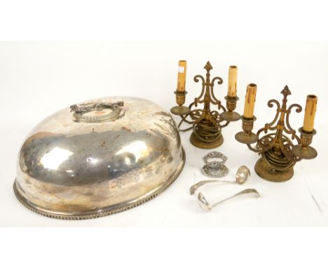 Silver plated meat dome, pair of gilt metal twin light candelabra and other items,.     