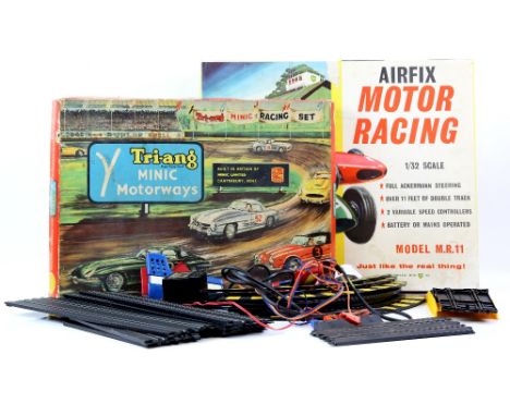 Airfix Motor racing set M R 11, Tri-ang Minic Motorways set, dolls and other toys.     