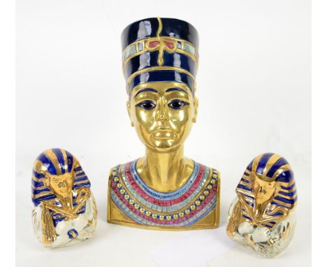 Edoardo Tasca for Capodimonte porcelain sculpture of Nefertiti  bust, numbered 739, and two small porcelain Pharoah busts.   