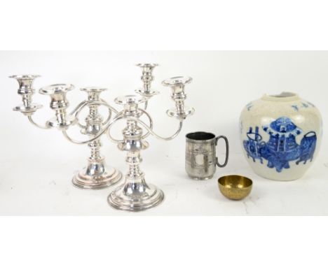 Pair of three light silver-plated candelabra, christening mug, Chinese ginger jar and brass bowl.     