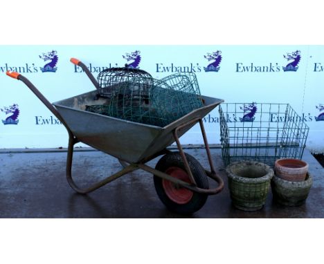 Collection of garden items to include two composite stone garden pots, wheel barrow, step ladder, various metal planter cover