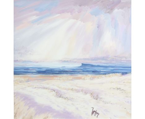 Tom Barron, 'Summer Light Over Eigg IV' oil on canvas, signed, titled on stretcher 61 x 61cm .     