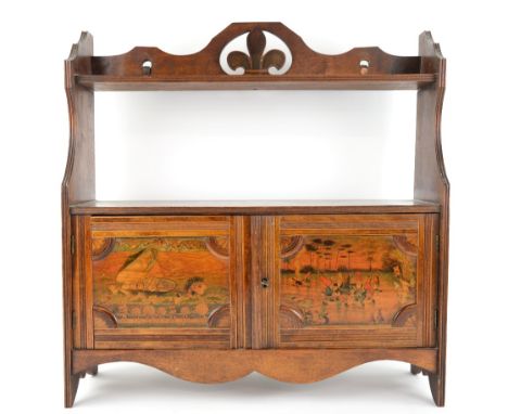 Pen work decorated wall shelf, with two door cabinet, C 1900, fairyland scenes, one with gnomes dancing and the other with ba