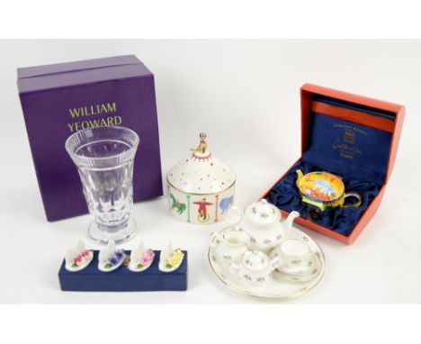 Charlotte di Vita miniature enamel teapot, a William Yeoward crystal vase in case, and some decorative ceramics.     