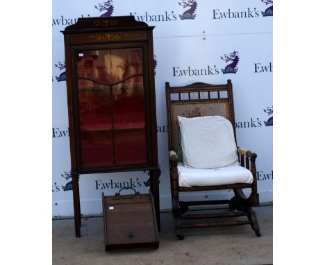 Mahogany display cabinet, American style rocking chair and an oak coal scuttle .     