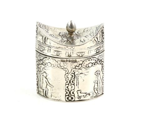 Dutch silver rural scene embossed tea caddy, 930 grade, import marks for Sheffield 1895.     