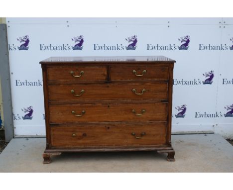 19th century mahogany chest of two short over three long drawers on bracket base, .     
