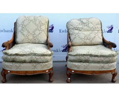 Early 20th Century walnut Bergere suite comprising settee and two arm chairs .     