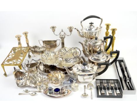 Large quantity of silver-plate and metalware including flatware, tea service, candlestick, etc.     