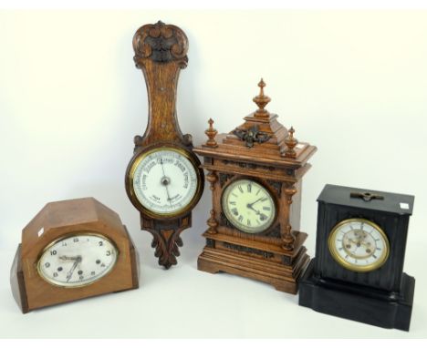 Polished slate mantel clock, two other clocks and oak barometer  (4).     