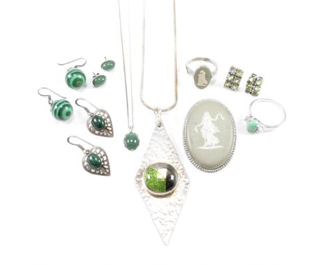 A collection of vintage and later silver, green gem set jewellery. The lot to include a green hard stone demi parure of stud 