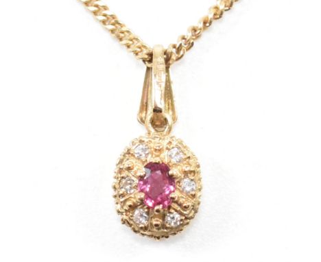 A hallmarked 9ct gold ruby and diamond pendant necklace. Weight approx 4.1g. Chain measures approx 46cm, pendant approx 1.5cm