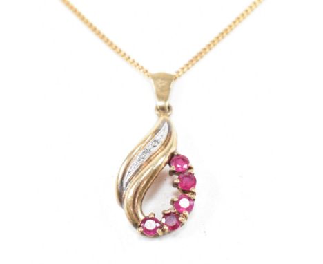 A hallmarked 9ct ruby and diamond pendant necklace.&nbsp; Total weight approx 4.3g. Chain measures approx 47cm length.