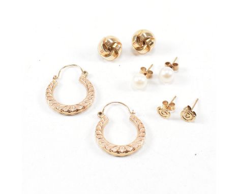 A collection of 9ct gold earrings. To include pearl set, stud set, creole hoop earrings with fish clasp fastener backs etc. T