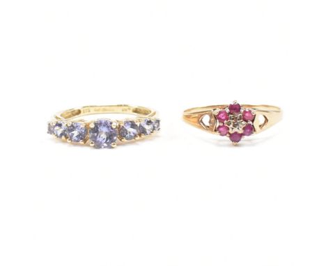 Two hallmarked 9ct yellow gold gem set rings. The rings to include a seven stone tanzanite set ring hallmarked for Birmingham