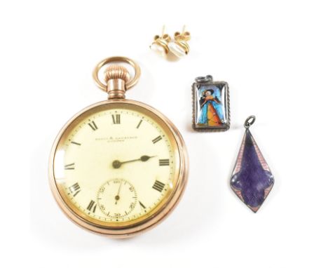 A 1930s pocket watch together with a pair of gold plated and pearl earrings, a silver and guilloche enamel pendant 3.7cm and 