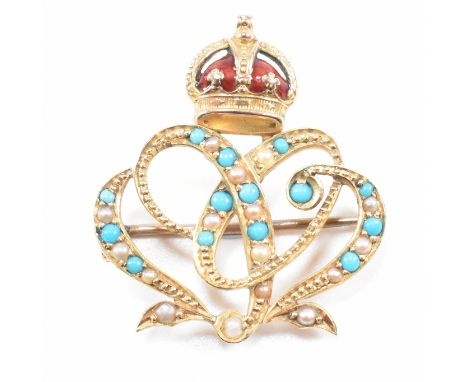 An Edwardian Edward VII pearl, turquoise and enamel yellow metal coronation brooch pin. The antique commemorative royalist in