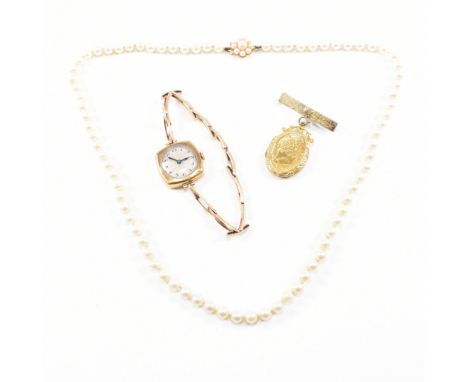A collection of antique and vintage 18ct, 15ct and 9ct gold jewellery. The lot to include an 18ct gold cased wristwatch with 