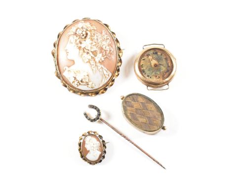A collection of antique and later, gold and yellow metal jewellery. The lot to include a hallmarked 9ct cased AF wrist watch,