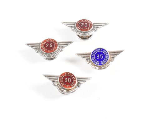 Four vintage hallmarked silver and enamel British Aircraft Corporation badges. The lot to include the winged emblem for 20, 2