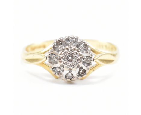A hallmarked 18ct gold and diamond cluster ring. Hallmarked for Sheffield 1977. Weight approx 3.1g. Size approx K.&nbsp;
