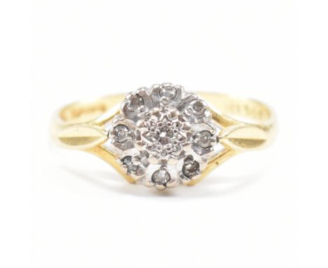 A hallmarked 18ct gold and diamond cluster ring. Hallmarked for Sheffield 1977. Weight approx 3.1g. Size approx K.&nbsp;