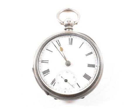 A Victorian hallmarked silver cased pocket watch. The watch having a circular white dial with black Roman numeral indices, su