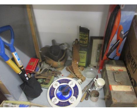 A mixed lot to include a boxed glider plane, boxed pipe with silver rim, a tapestry, an axe, buttons and other items 