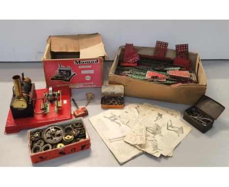 A boxed mounted Mamod Type SE 3 Twin Cylinder model, together with vintage Meccano and instructions A/F Location: SR 