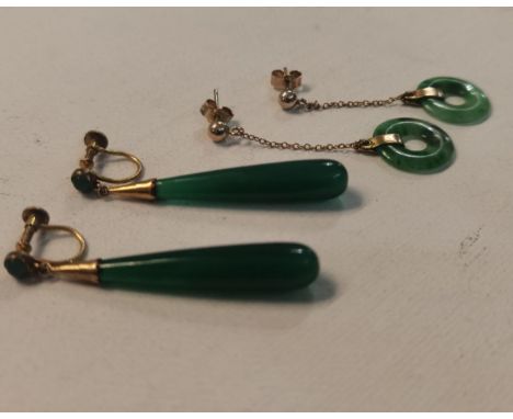 Two pairs of yellow metal earrings, one pair (tests as 9ct) having hanging jade together with a similar pairLocation: cab 
