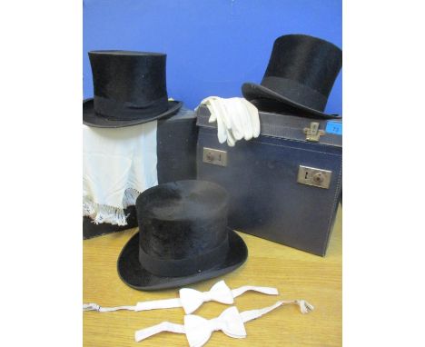 A Dunn & Co black fine fur top hat in a lockable blue case, together with two others A/F, a white evening scarf, white gloves