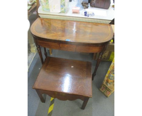 An early 19th century mahogany fold over card table, together with a low table with a hinged top 