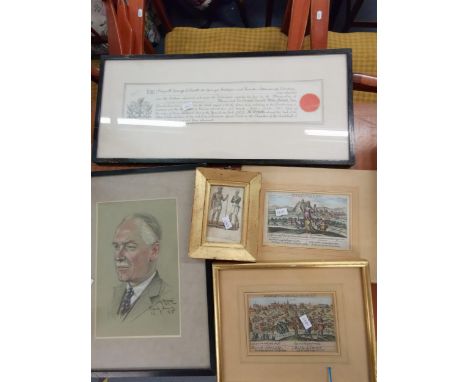 Three 18th century engravings, together with an early 20th century pencil portrait of a man, indistinctly signed and dated '3