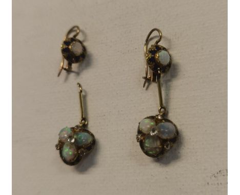 A pair of yellow metal and opal and diamond earrings with enamel surround A/F, total weight 5.5gLocation: cab 