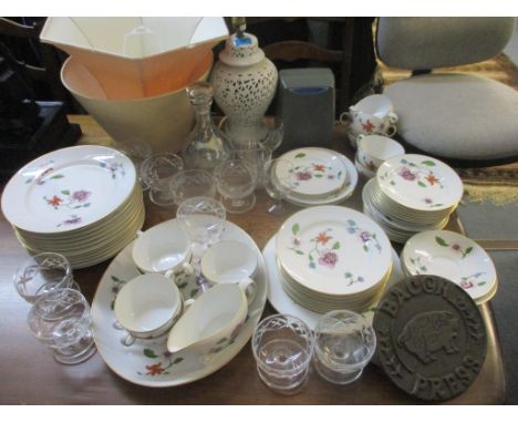 Royal Worcester Astley dinner service 10-place settings, together with a white lamp and beige shade and pink silk shade, a do