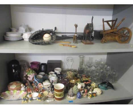 A mixed lot to include a Poole dolphin, a Goebel cat, a baseball glove and ball, fireside implements and mixed china and glas