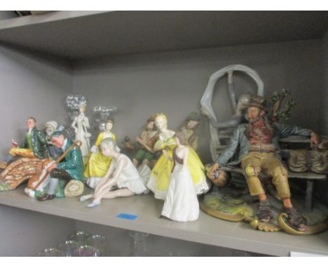 Lladro, Nao and Capodimonte figures, signed, two glass decanters, four Royal Doulton figures HN3641, HN2325, HN2307 and HN231