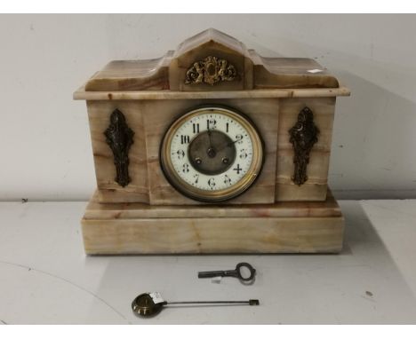 A late 19th/early 20th century alabaster mantel clock, 31 h x 38 w x 15cm dLocation: Stairs 