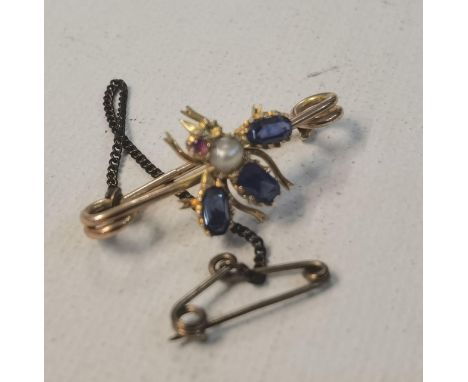 A H.A.W stamped 9ct gold insect brooch inset with sapphires and pearl a/F (is missing one ruby eye) total weight 2.6gLocation
