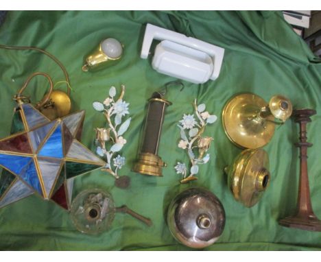 Twentieth century lighting to include a brass cased bulkhead light, an Art Deco milk glass lamp and othersLocation: 1.4 