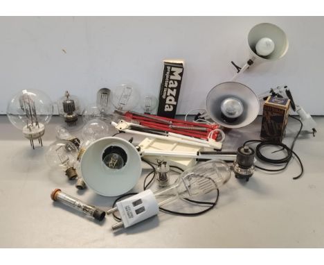 Lighting to include Anglepoise lamps A/F and a mix of studio lights to include GEC 240v 5/2 1/2 kw, studio light bulb, Mazda 