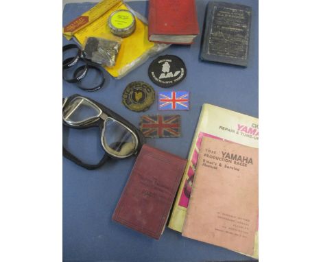 A pair of vintage Italian Super Foscaic motorcycle goggles and motorcycle related items to include cloth badges, Yamaha ephem